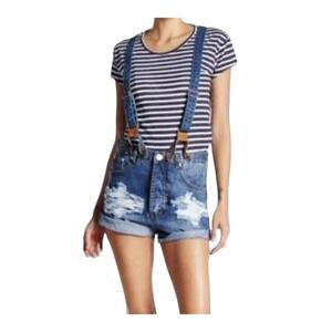 One Teaspoon Overall Shorts Women 27 Blue Button Fly Cutoff‎ Distressed New
